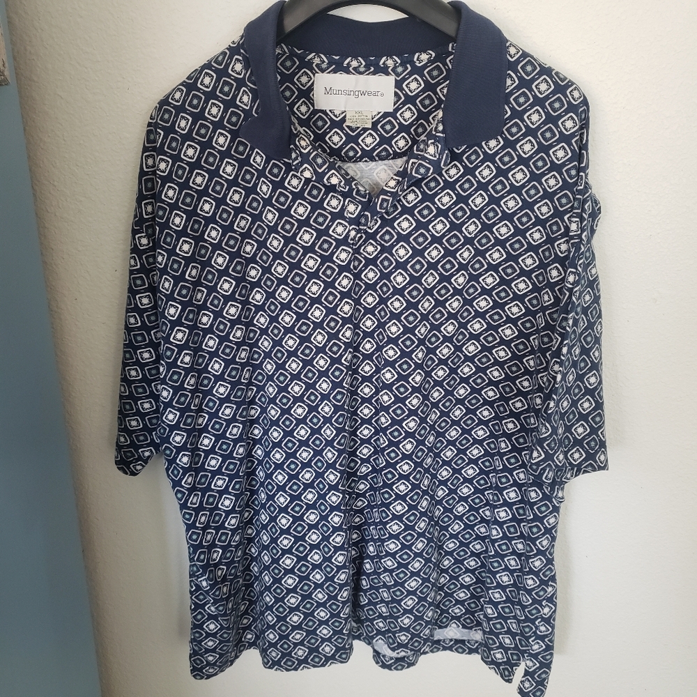 Navy with Geometric Pattern Men's Cotton Polo Top Size 2XL